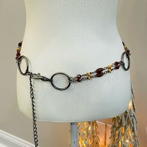 Vintage Antique Brass Hoop And Amber Colored And Wood Bead Belt
